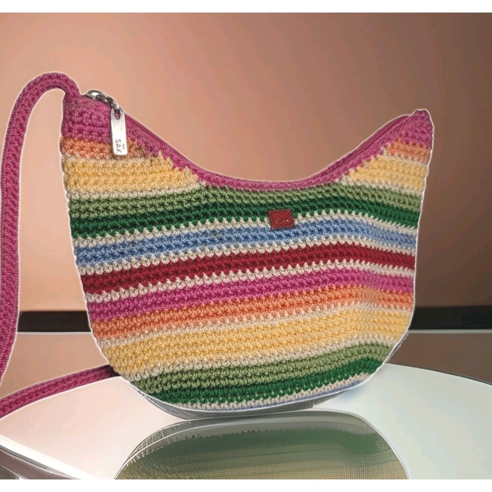 The Sak Crochet Crossbody Bag Multicolor Rainbow Pride Boho Magenta Strap